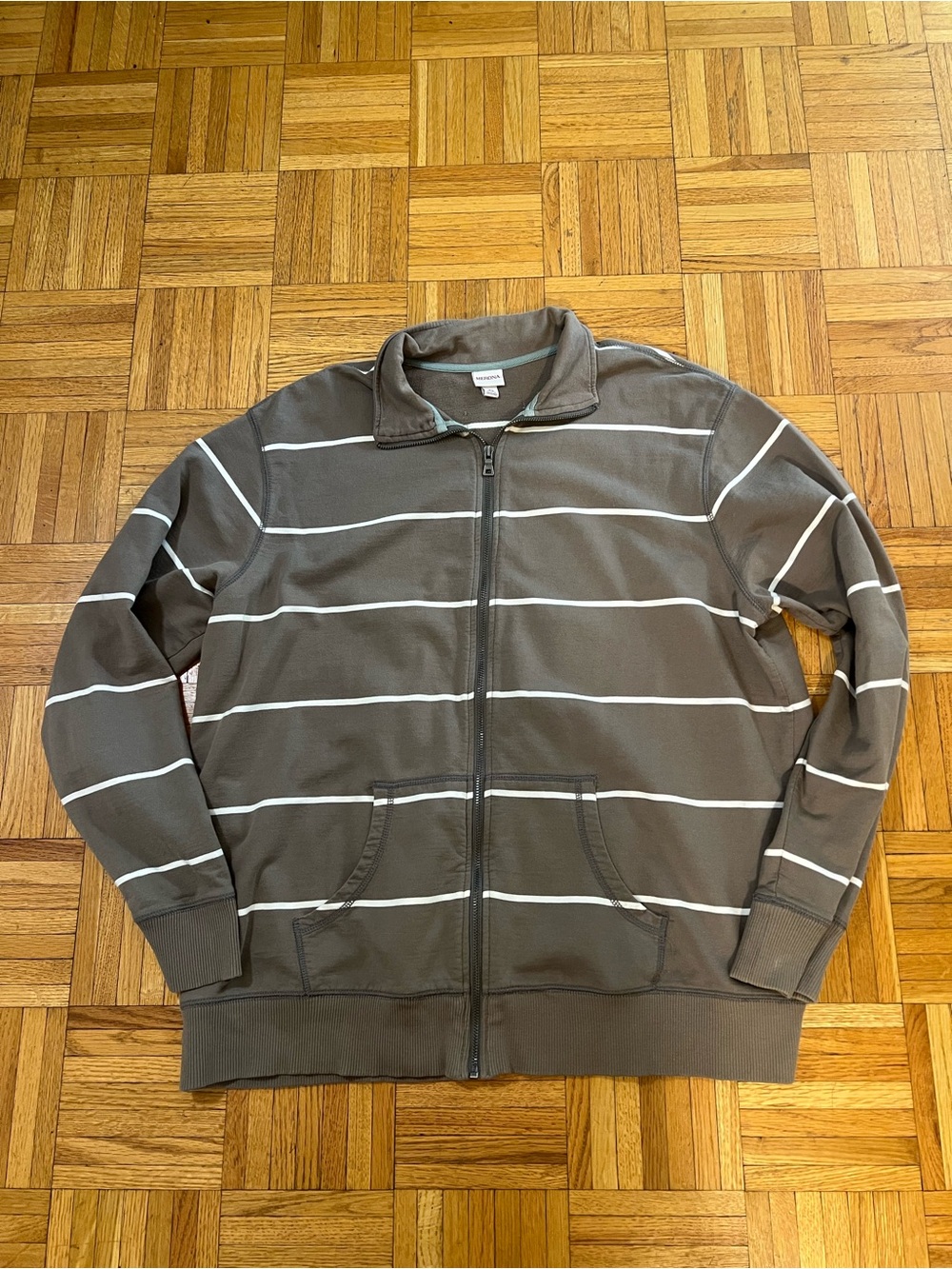 Casual Upgrade in Merona Gray Brown Zip-Up Sweater with White Stripes XXL